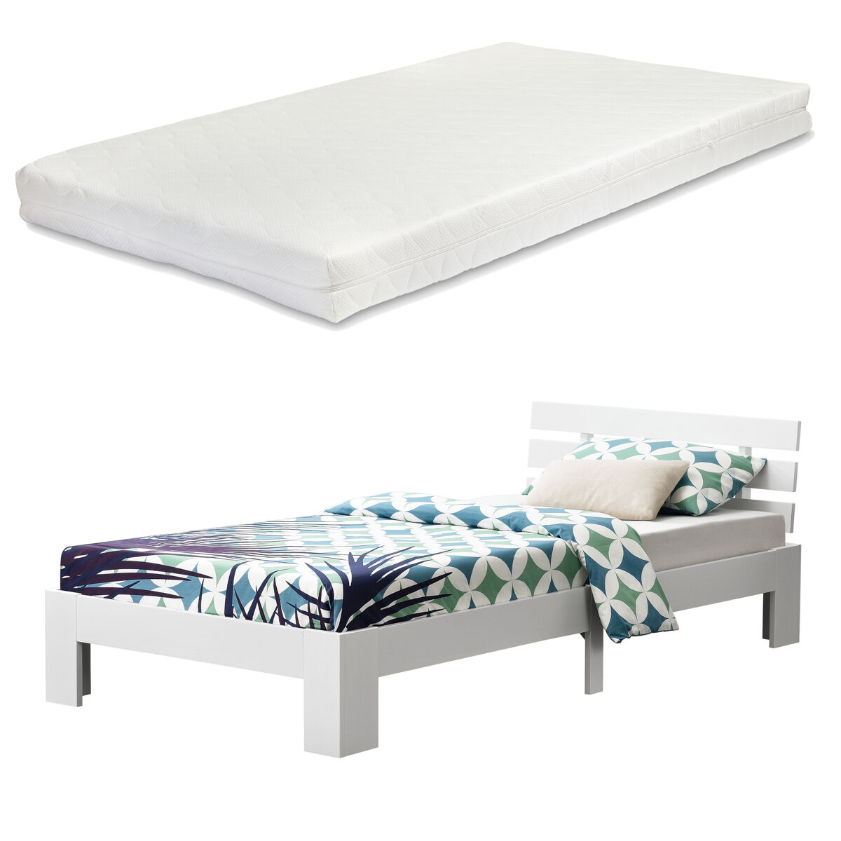 Cama simple nivala con somier colchón capacidad máx 150kg pino 120x200 cm - blanco mate [en.casa]