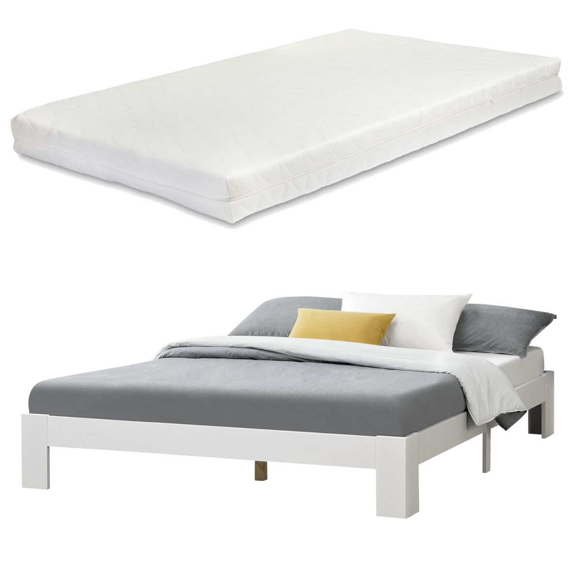 Cama doble raisio con somier colchón capacidad máx 200kg pino 160 x 200 cm - blanco mate [en.casa]
