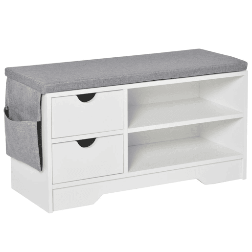 HOMCOM Banco Sapateira com Assento 2 Prateleiras Bolso Almofada Amovível e 2 Gavetas Banco de Entrada Capacidade para 4 Pares de Sapatos para Entrada Corredor Moderno 80,5x30,5x43,5 cm Branco e Cinza