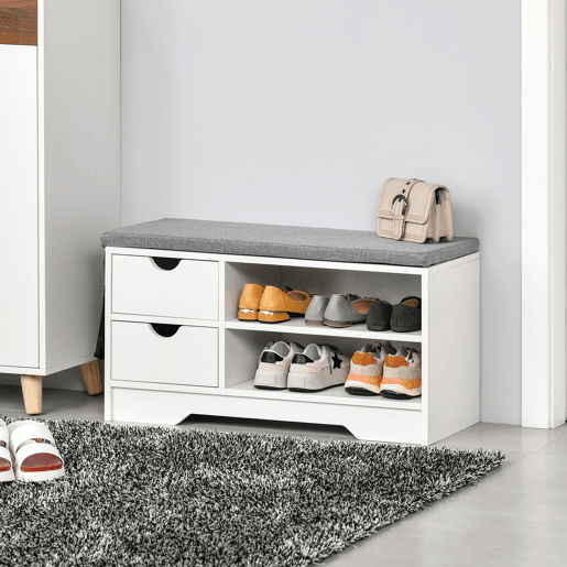 HOMCOM Banco Sapateira com Assento 2 Prateleiras Bolso Almofada Amovível e 2 Gavetas Banco de Entrada Capacidade para 4 Pares de Sapatos para Entrada Corredor Moderno 80,5x30,5x43,5 cm Branco e Cinza