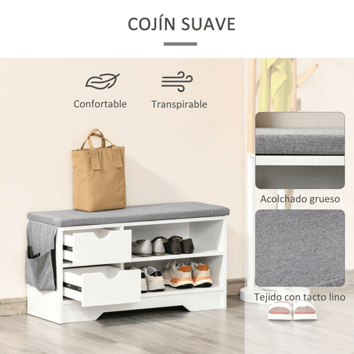 HOMCOM Banco Sapateira com Assento 2 Prateleiras Bolso Almofada Amovível e 2 Gavetas Banco de Entrada Capacidade para 4 Pares de Sapatos para Entrada Corredor Moderno 80,5x30,5x43,5 cm Branco e Cinza