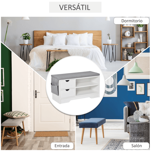HOMCOM Banco Sapateira com Assento 2 Prateleiras Bolso Almofada Amovível e 2 Gavetas Banco de Entrada Capacidade para 4 Pares de Sapatos para Entrada Corredor Moderno 80,5x30,5x43,5 cm Branco e Cinza