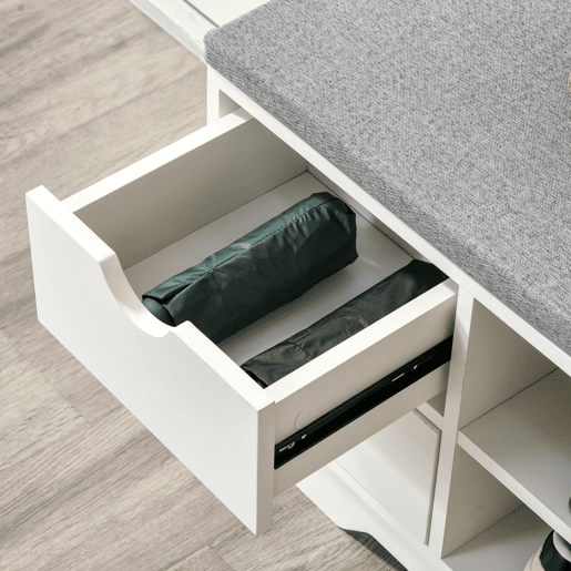HOMCOM Banco Sapateira com Assento 2 Prateleiras Bolso Almofada Amovível e 2 Gavetas Banco de Entrada Capacidade para 4 Pares de Sapatos para Entrada Corredor Moderno 80,5x30,5x43,5 cm Branco e Cinza