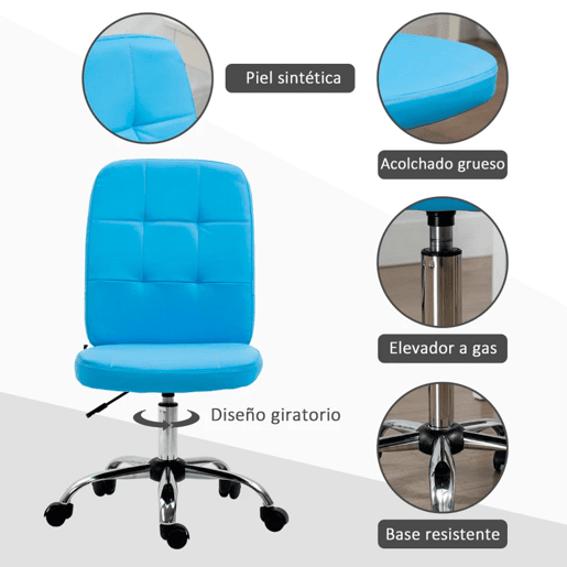 Vinsetto Cadeira de Escritório sem Apoio para os Braços Cadeira de Escritório Giratória de Couro Sintético com Altura Ajustável Estilo Moderno Carga Máxima 120 kg 45x59x90-100 cm Azul