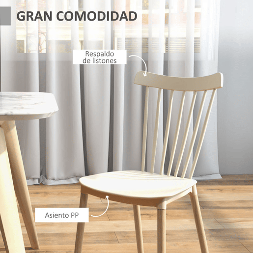 HOMCOM Conjunto de 4 Cadeiras Estilo Nórdico Cadeiras de Cozinha com Encosto Alto Assento de Polipropileno e Pés de Madeira de Faia Carga Máx. 120kg 43x52,5x83cm Bege e Madeira