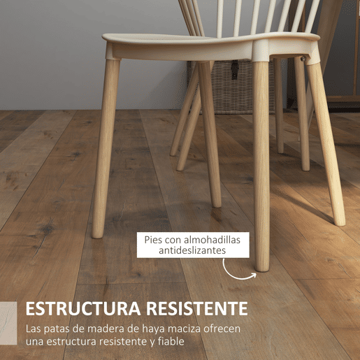 HOMCOM Conjunto de 4 Cadeiras Estilo Nórdico Cadeiras de Cozinha com Encosto Alto Assento de Polipropileno e Pés de Madeira de Faia Carga Máx. 120kg 43x52,5x83cm Bege e Madeira