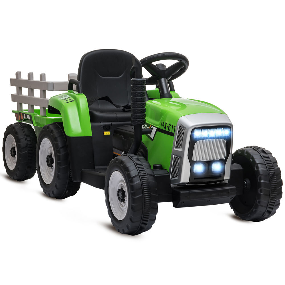 Homcom tractor eléctrico con remolque desmontable coche eléctrico para niños 3-6 años con control remoto música mp3 pantalla luces y cinturón de seguridad 136,5x50x52,5 cm verde
