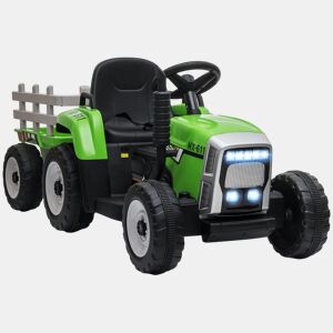 HOMCOM Trator Elétrico com Reboque Amovível Carro Elétrico para Crianças 3-6 Anos com Controlo Remoto Música MP3 Luzes e Cinto de Segurança 136,5x50x52,5 cm Verde
