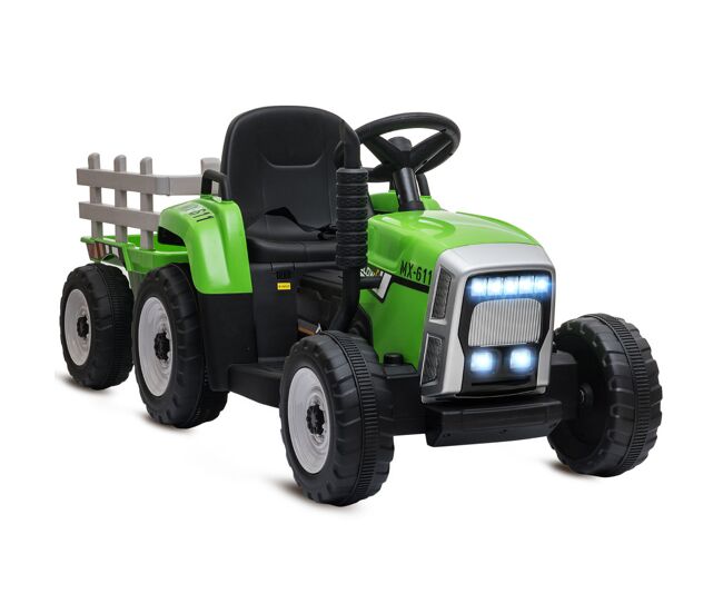 Homcom tractor eléctrico con remolque desmontable coche eléctrico para niños 3-6 años con control remoto música mp3 pantalla luces y cinturón de
