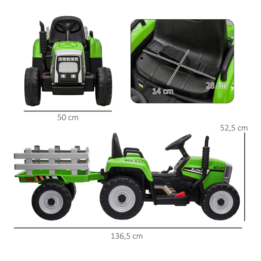 HOMCOM Trator Elétrico com Reboque Amovível Carro Elétrico para Crianças 3-6 Anos com Controlo Remoto Música MP3 Luzes e Cinto de Segurança 136,5x50x52,5 cm Verde HOMCOM Trator Elétrico com Reboque Amovível Carro Elétrico para Crianças 3-6 Anos com Controlo Remoto Música MP3 Luzes e Cinto de Segurança 136,5x50x52,5 cm Verde