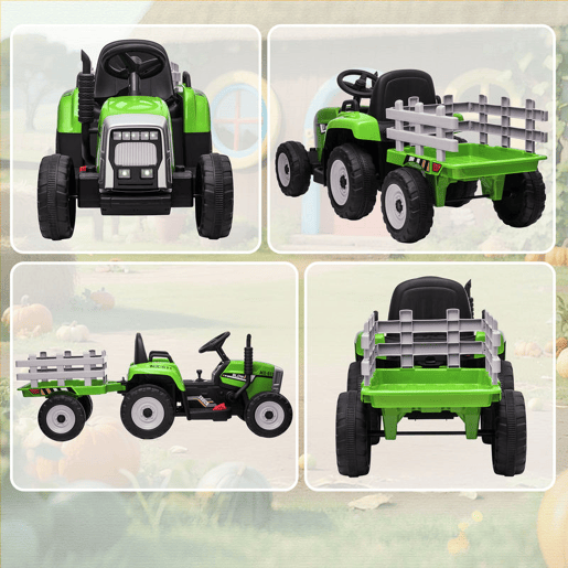 HOMCOM Trator Elétrico com Reboque Amovível Carro Elétrico para Crianças 3-6 Anos com Controlo Remoto Música MP3 Luzes e Cinto de Segurança 136,5x50x52,5 cm Verde HOMCOM Trator Elétrico com Reboque Amovível Carro Elétrico para Crianças 3-6 Anos com Controlo Remoto Música MP3 Luzes e Cinto de Segurança 136,5x50x52,5 cm Verde