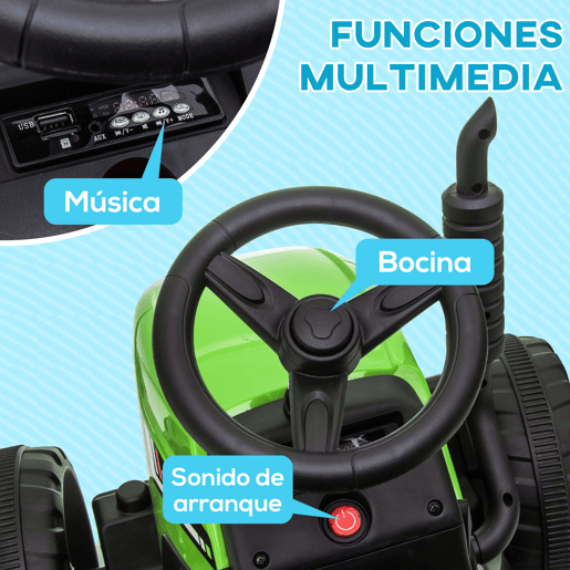 HOMCOM Trator Elétrico com Reboque Amovível Carro Elétrico para Crianças 3-6 Anos com Controlo Remoto Música MP3 Luzes e Cinto de Segurança 136,5x50x52,5 cm Verde HOMCOM Trator Elétrico com Reboque Amovível Carro Elétrico para Crianças 3-6 Anos com Controlo Remoto Música MP3 Luzes e Cinto de Segurança 136,5x50x52,5 cm Verde