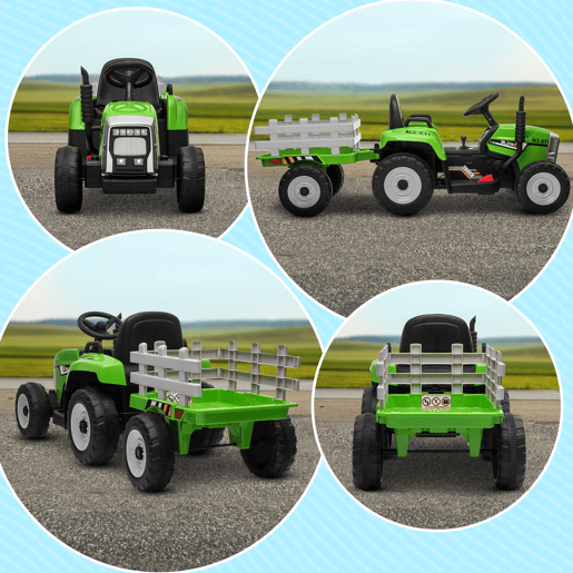 HOMCOM Trator Elétrico com Reboque Amovível Carro Elétrico para Crianças 3-6 Anos com Controlo Remoto Música MP3 Luzes e Cinto de Segurança 136,5x50x52,5 cm Verde HOMCOM Trator Elétrico com Reboque Amovível Carro Elétrico para Crianças 3-6 Anos com Controlo Remoto Música MP3 Luzes e Cinto de Segurança 136,5x50x52,5 cm Verde