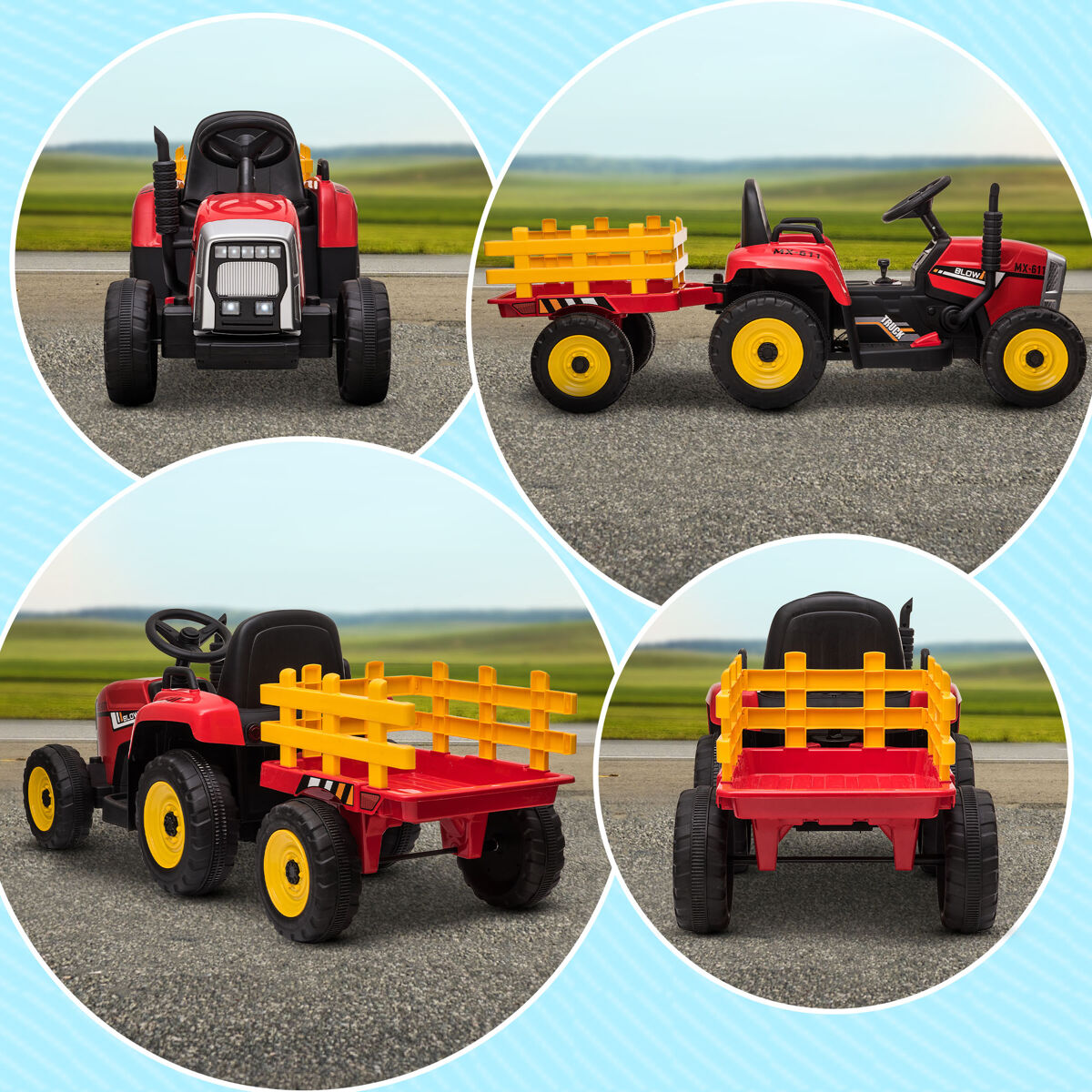 HOMCOM Tractor Eléctrico Con Remolque Para Niños De 3 A 6 Años – Control Remoto, Música MP3, Luces Y Cinturón De Seguridad, Azul