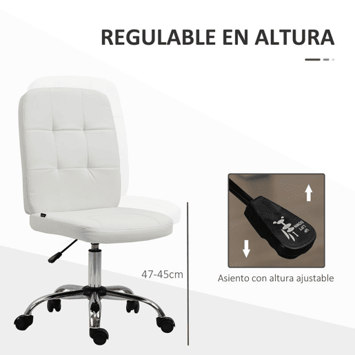 Vinsetto Cadeira de Escritório sem Apoio para os Braços Cadeira de Escritório Giratória de Couro Sintético com Altura Ajustável Estilo Moderno Carga Máxima 120 kg 45x59x90-100 cm Branco
