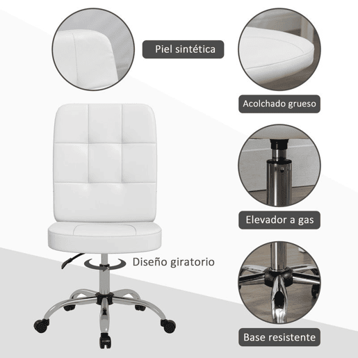Vinsetto Cadeira de Escritório sem Apoio para os Braços Cadeira de Escritório Giratória de Couro Sintético com Altura Ajustável Estilo Moderno Carga Máxima 120 kg 45x59x90-100 cm Branco