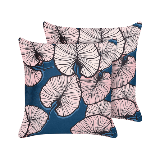 Conjunto de 2 almofadas decorativas CHRYSANTHEMUM Veludo 45 x 45 cm Azul escuro Padrão de plantas