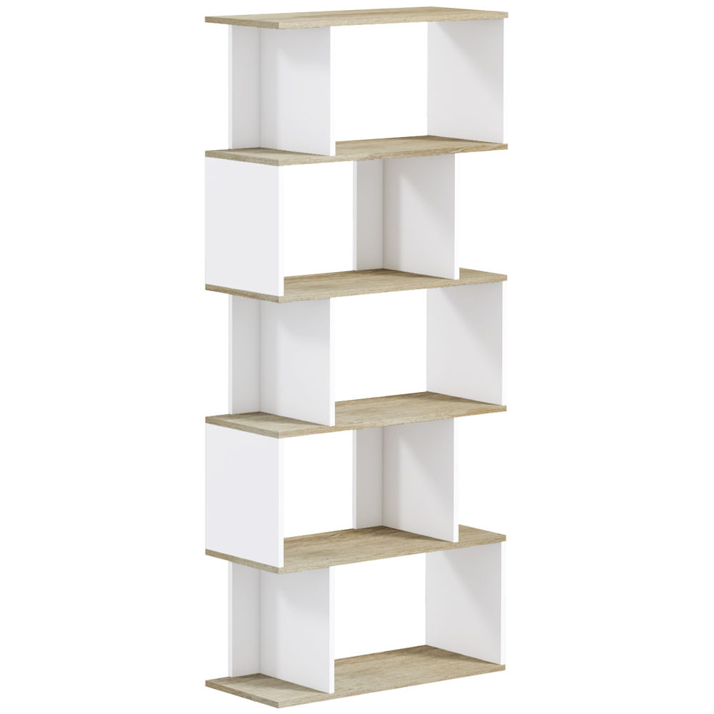 Homcom librería de 5 niveles, estantería para libros en forma de s con 10 estantes, para sala de estar, dormitorio, estudio, oficina, 70x29,5x163 cm, roble y blanco