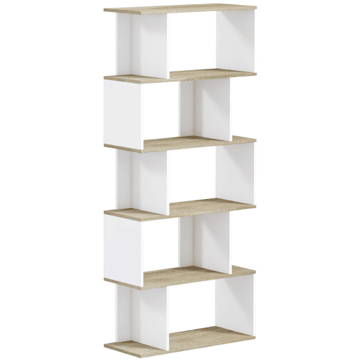 HOMCOM Estante de 5 Níveis, Estante para Livros em S com 10 Prateleiras, para Sala, Quarto ou Escritório, 70x29,5x163 cm, Carvalho e Branco