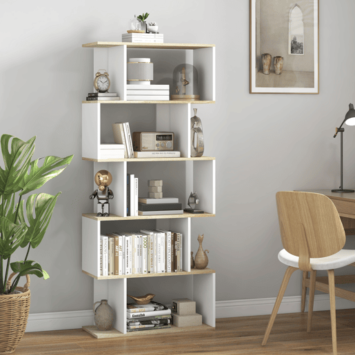 HOMCOM Estante de 5 Níveis, Estante para Livros em S com 10 Prateleiras, para Sala, Quarto ou Escritório, 70x29,5x163 cm, Carvalho e Branco
