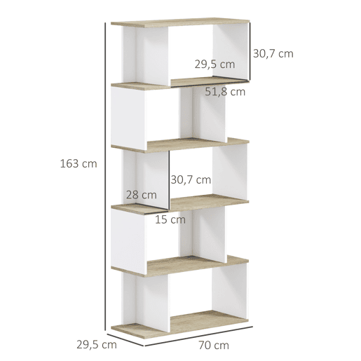 HOMCOM Estante de 5 Níveis, Estante para Livros em S com 10 Prateleiras, para Sala, Quarto ou Escritório, 70x29,5x163 cm, Carvalho e Branco
