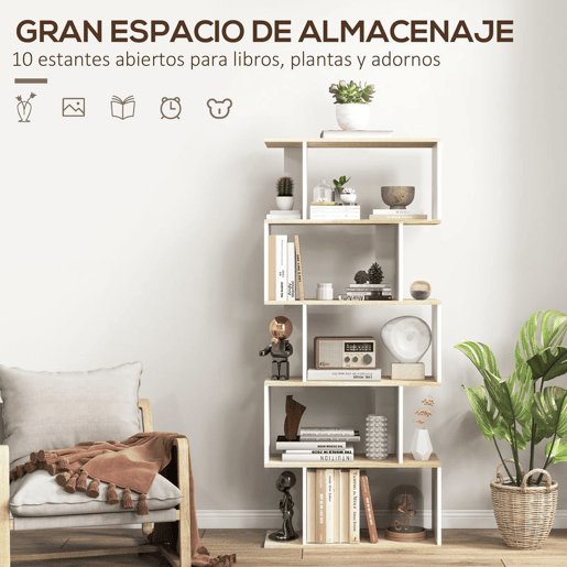 HOMCOM Estante de 5 Níveis, Estante para Livros em S com 10 Prateleiras, para Sala, Quarto ou Escritório, 70x29,5x163 cm, Carvalho e Branco