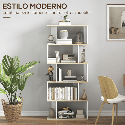 HOMCOM Estante de 5 Níveis, Estante para Livros em S com 10 Prateleiras, para Sala, Quarto ou Escritório, 70x29,5x163 cm, Carvalho e Branco