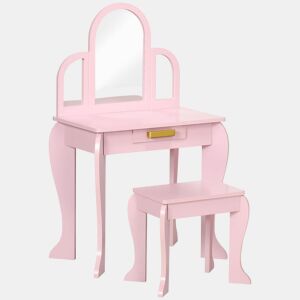 HOMCOM Toucador para Crianças com Espelho e Banco Toucador de Maquilhagem para Crianças de 3 a 6 Anos Toucador Infantil de Madeira com Gaveta 52x32x85 cm Rosa