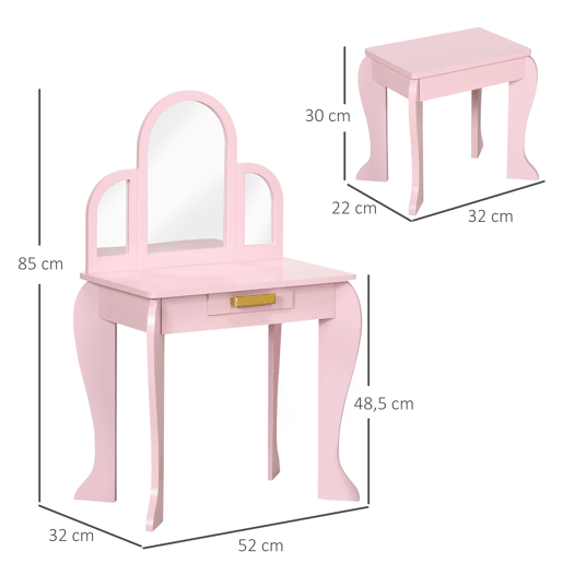 HOMCOM Toucador para Crianças com Espelho e Banco Toucador de Maquilhagem para Crianças de 3 a 6 Anos Toucador Infantil de Madeira com Gaveta 52x32x85 cm Rosa