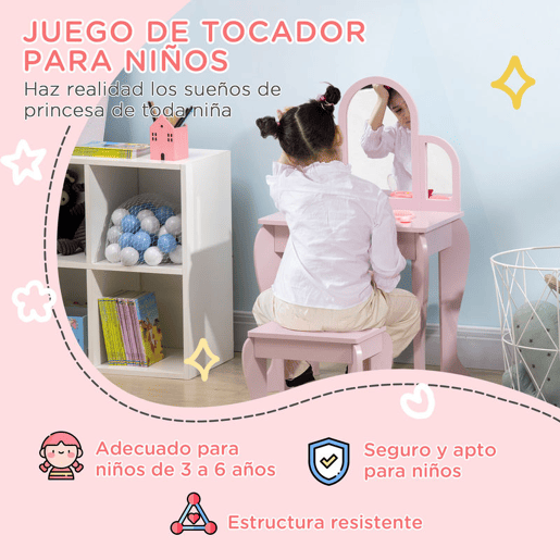 HOMCOM Toucador para Crianças com Espelho e Banco Toucador de Maquilhagem para Crianças de 3 a 6 Anos Toucador Infantil de Madeira com Gaveta 52x32x85 cm Rosa