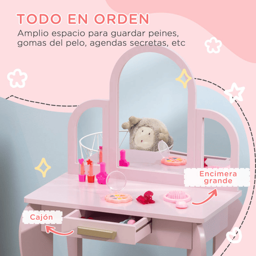 HOMCOM Toucador para Crianças com Espelho e Banco Toucador de Maquilhagem para Crianças de 3 a 6 Anos Toucador Infantil de Madeira com Gaveta 52x32x85 cm Rosa