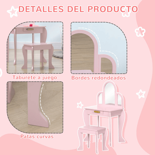 HOMCOM Toucador para Crianças com Espelho e Banco Toucador de Maquilhagem para Crianças de 3 a 6 Anos Toucador Infantil de Madeira com Gaveta 52x32x85 cm Rosa