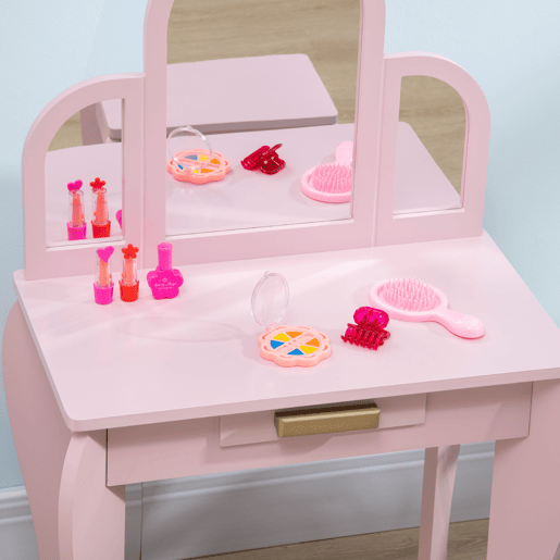 HOMCOM Toucador para Crianças com Espelho e Banco Toucador de Maquilhagem para Crianças de 3 a 6 Anos Toucador Infantil de Madeira com Gaveta 52x32x85 cm Rosa