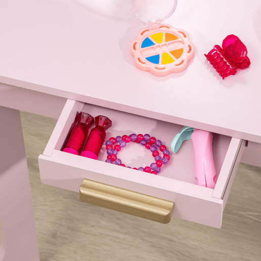 HOMCOM Toucador para Crianças com Espelho e Banco Toucador de Maquilhagem para Crianças de 3 a 6 Anos Toucador Infantil de Madeira com Gaveta 52x32x85 cm Rosa