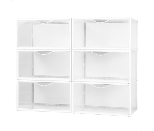Pack 6 cajas transparentes apilables y antivuelco para zapatos 35x27x18,5 cm hasta t.46 - max home