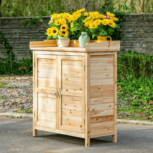 Outsunny Armário de Jardim de Madeira Armário de Exterior Armário de Armazenamento com 2 Portas Prateleira e Base Elevada para Varanda Pátio 83x40x92 cm Madeira