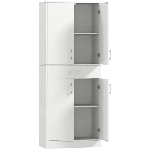HOMCOM Armário de Cozinha Móvel de Cozinha com 4 Portas 1 Gaveta e Prateleiras Ajustáveis Anti-Tombo Armário de Cozinha Moderno para Sala de Jantar Sala de Estar 70,8x34x180 cm Branco