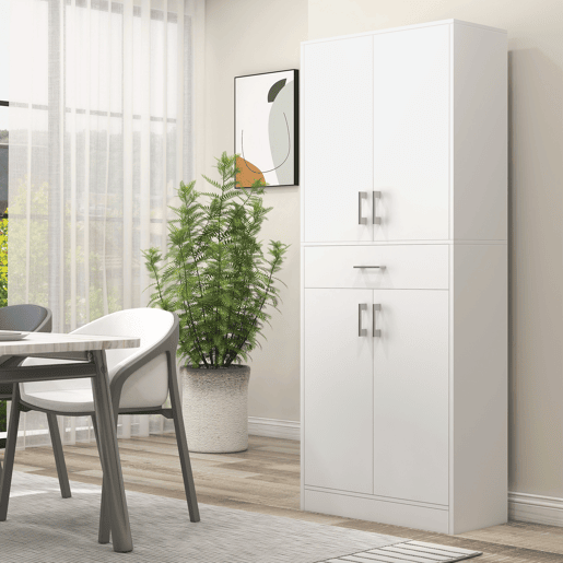 HOMCOM Armário de Cozinha Móvel de Cozinha com 4 Portas 1 Gaveta e Prateleiras Ajustáveis Anti-Tombo Armário de Cozinha Moderno para Sala de Jantar Sala de Estar 70,8x34x180 cm Branco