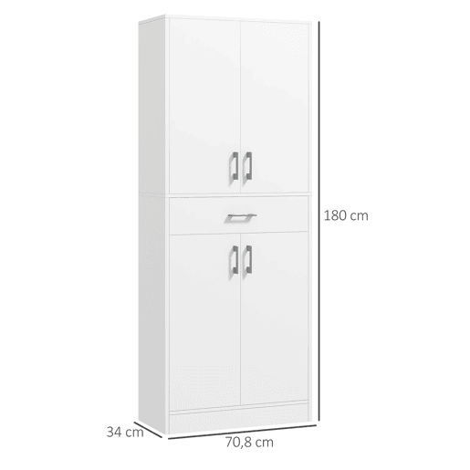 HOMCOM Armário de Cozinha Móvel de Cozinha com 4 Portas 1 Gaveta e Prateleiras Ajustáveis Anti-Tombo Armário de Cozinha Moderno para Sala de Jantar Sala de Estar 70,8x34x180 cm Branco