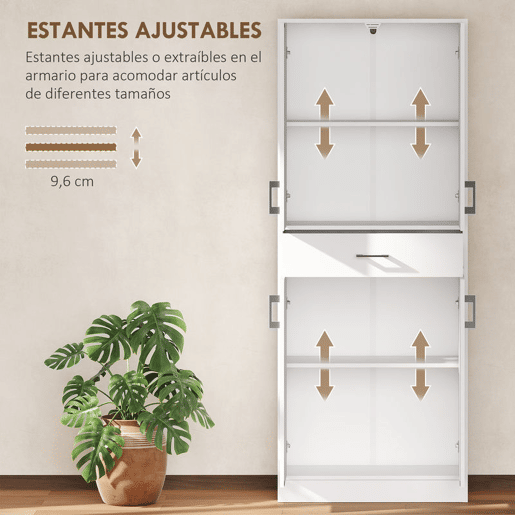HOMCOM Armário de Cozinha Móvel de Cozinha com 4 Portas 1 Gaveta e Prateleiras Ajustáveis Anti-Tombo Armário de Cozinha Moderno para Sala de Jantar Sala de Estar 70,8x34x180 cm Branco