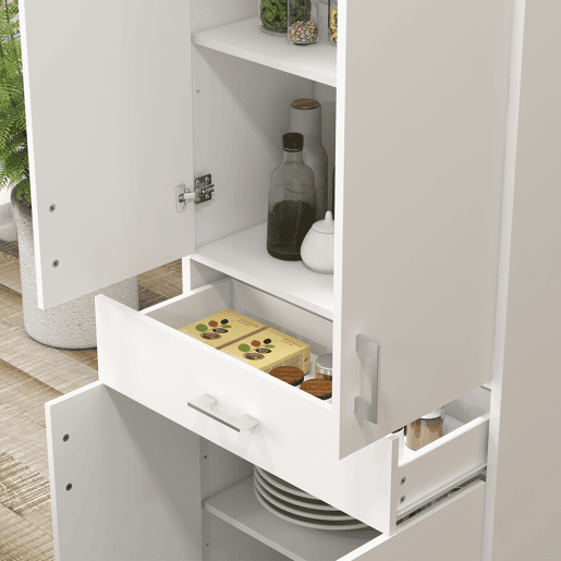 HOMCOM Armário de Cozinha Móvel de Cozinha com 4 Portas 1 Gaveta e Prateleiras Ajustáveis Anti-Tombo Armário de Cozinha Moderno para Sala de Jantar Sala de Estar 70,8x34x180 cm Branco