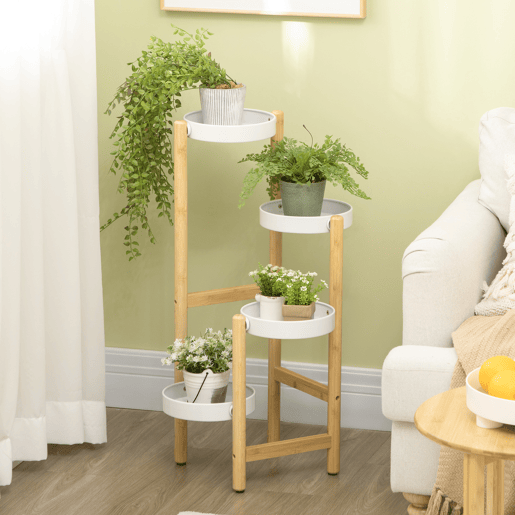 Outsunny Suporte para Plantas Prateleira para Plantas com Pés de Bambu Estante para Flores com 4 Prateleiras Redondas Carga Máxima 20 kg para Interior e Exterior Ø28x80 cm Madeira e Branco