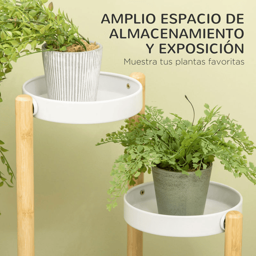 Outsunny Suporte para Plantas Prateleira para Plantas com Pés de Bambu Estante para Flores com 4 Prateleiras Redondas Carga Máxima 20 kg para Interior e Exterior Ø28x80 cm Madeira e Branco