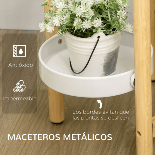 Outsunny Suporte para Plantas Prateleira para Plantas com Pés de Bambu Estante para Flores com 4 Prateleiras Redondas Carga Máxima 20 kg para Interior e Exterior Ø28x80 cm Madeira e Branco