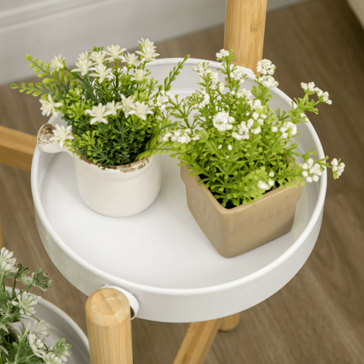 Outsunny Suporte para Plantas Prateleira para Plantas com Pés de Bambu Estante para Flores com 4 Prateleiras Redondas Carga Máxima 20 kg para Interior e Exterior Ø28x80 cm Madeira e Branco