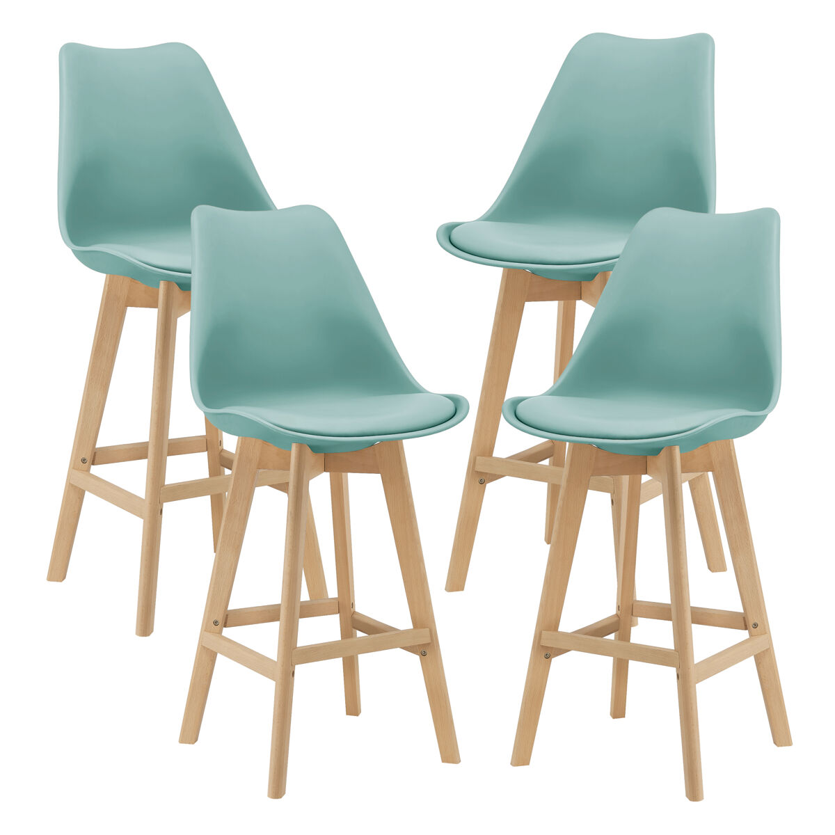 Juego de 4 taburetes de bar lublin 105 x 48 x 58 cm acolchado madera haya color verde menta [en.casa]