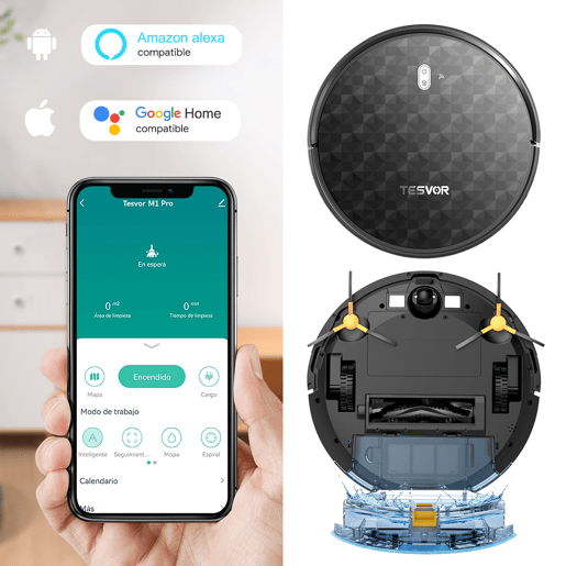 Aspirador robô Tesvor M1 Pro com 4000 Pa de potência, aspirador robô sem fios com mapeamento da divisão em tempo real, optimizado para cabelos