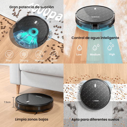 Aspirador robô Tesvor M1 Pro com 4000 Pa de potência, aspirador robô sem fios com mapeamento da divisão em tempo real, optimizado para cabelos