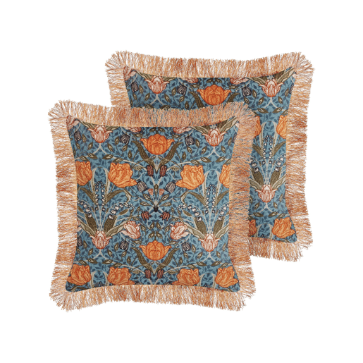 Conjunto de 2 almofadas decorativas MITELLA Veludo 45 x 45 cm Azul Padrão floral