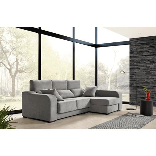 Sofá chaise longue Zafiro de 3 lugares, tecido resistente a manchas, chaise à direita, cinza
